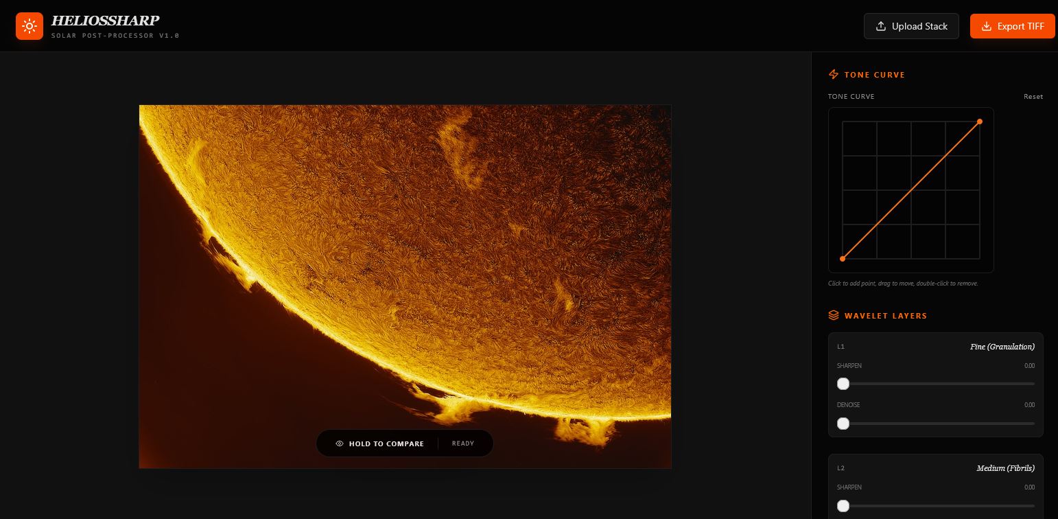 A raw stacked solar frame beside the same frame processed in HeliosSharp