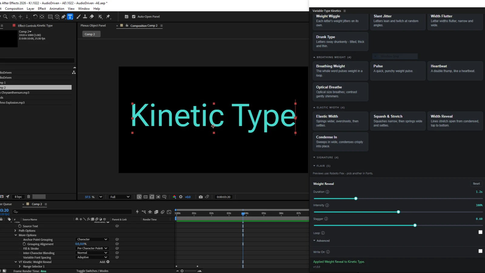 The Kinetic Type panel with animated type on the canvas